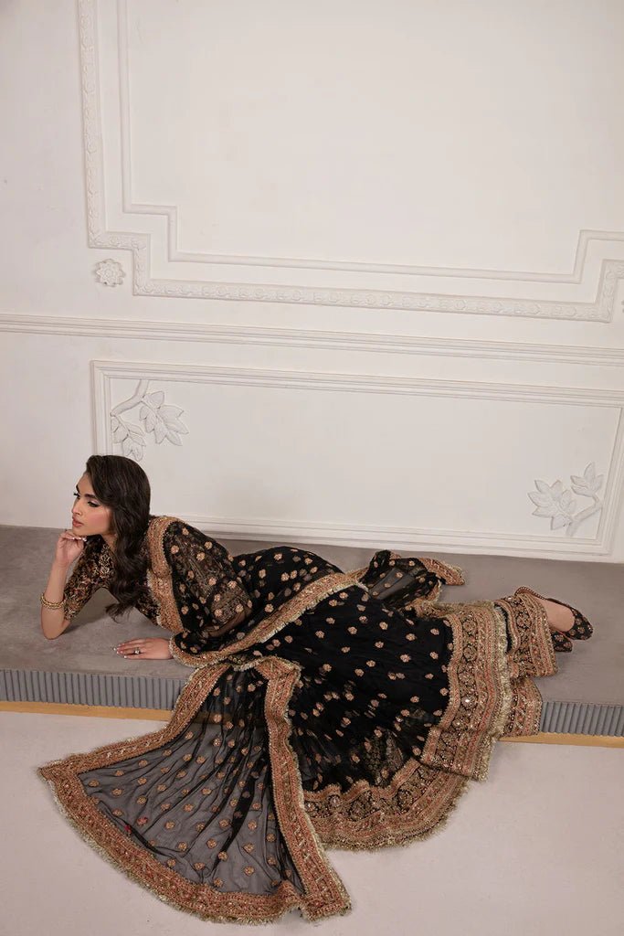 Model wearing Sobia Nazir's Luxury Pret '24 Design 07 dress, showcasing Pakistani fashion online in the UK.