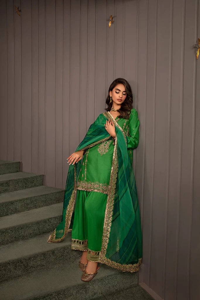 Model wearing Sobia Nazir's Design 08 from Luxury Pret '24, showcasing Pakistani fashion online in the UK.