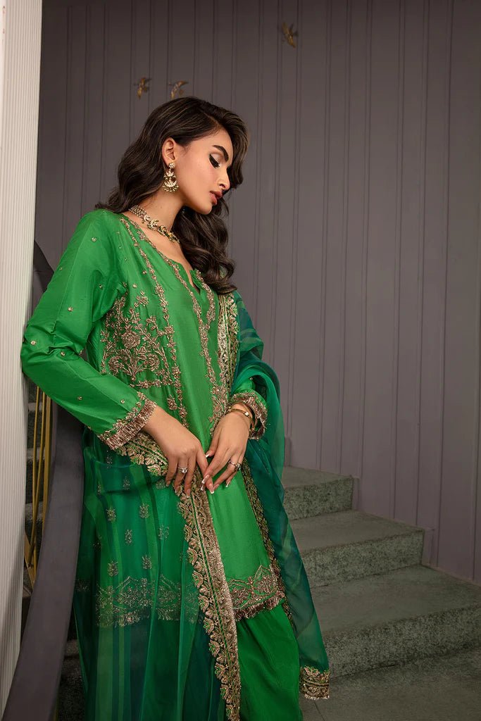 Model wearing Sobia Nazir's Design 08 from Luxury Pret '24, showcasing Pakistani fashion online in the UK.