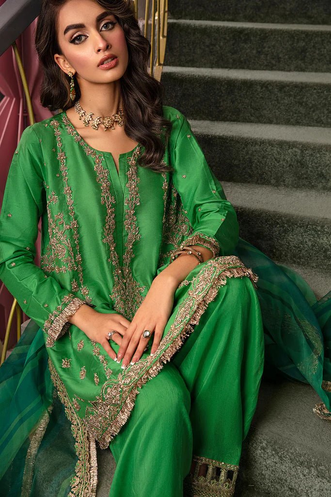 Model wearing Sobia Nazir's Design 08 from Luxury Pret '24, showcasing Pakistani fashion online in the UK.