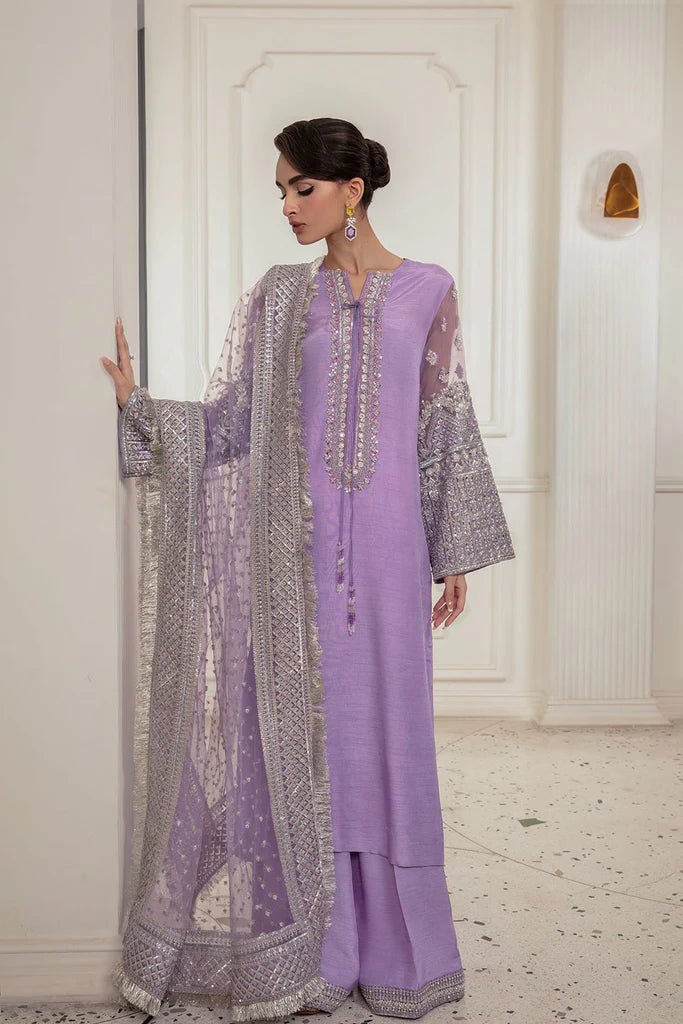 Model wearing Sobia Nazir Design 09 dress, lilac luxury pret, Pakistani designer wedding attire in UK.