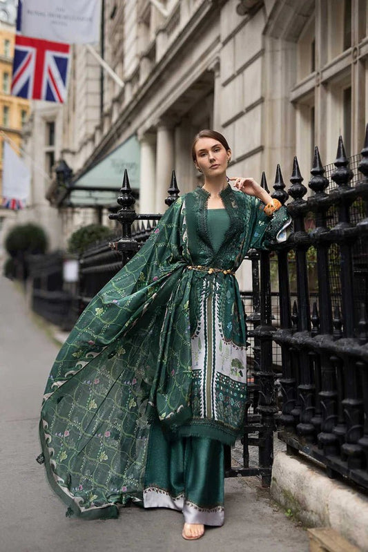 Model wearing Sobia Nazir Satin '24 Design 02, a deep green printed outfit with intricate detailing, ideal for winter. Available as Pakistani clothes online in the UK.