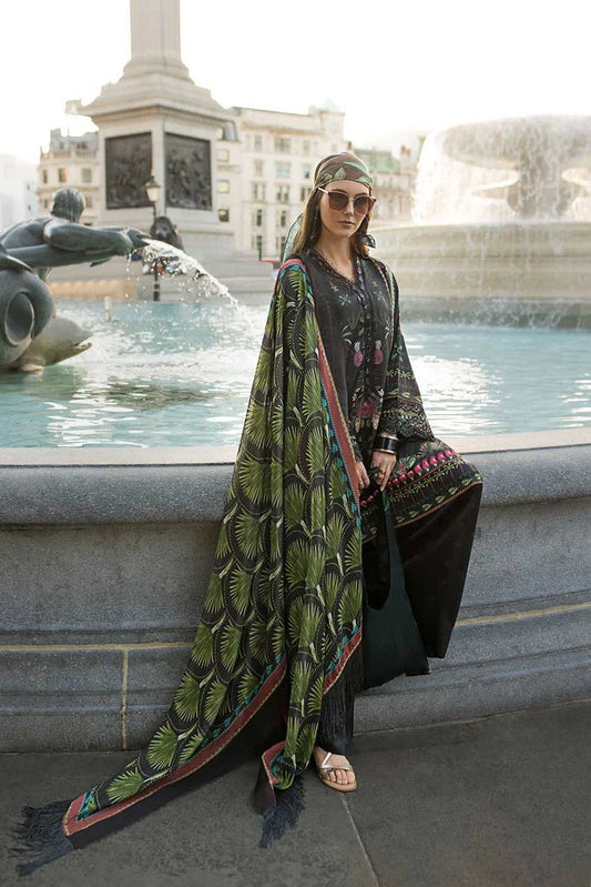 Model wearing Design 03 from Sobia Nazir's Satin '24 collection, showcasing stylish patterns. Pakistani clothes online in UK.