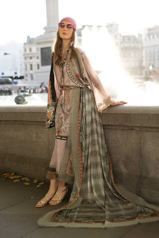 Model wearing Design 06 from Sobia Nazir's Satin '24 collection, featuring elegant patterns. Pakistani clothes online in UK.