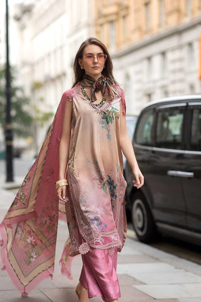 Model wearing Design 07 from Sobia Nazir's Satin '24 collection, showcasing vibrant patterns. Pakistani clothes online in UK.