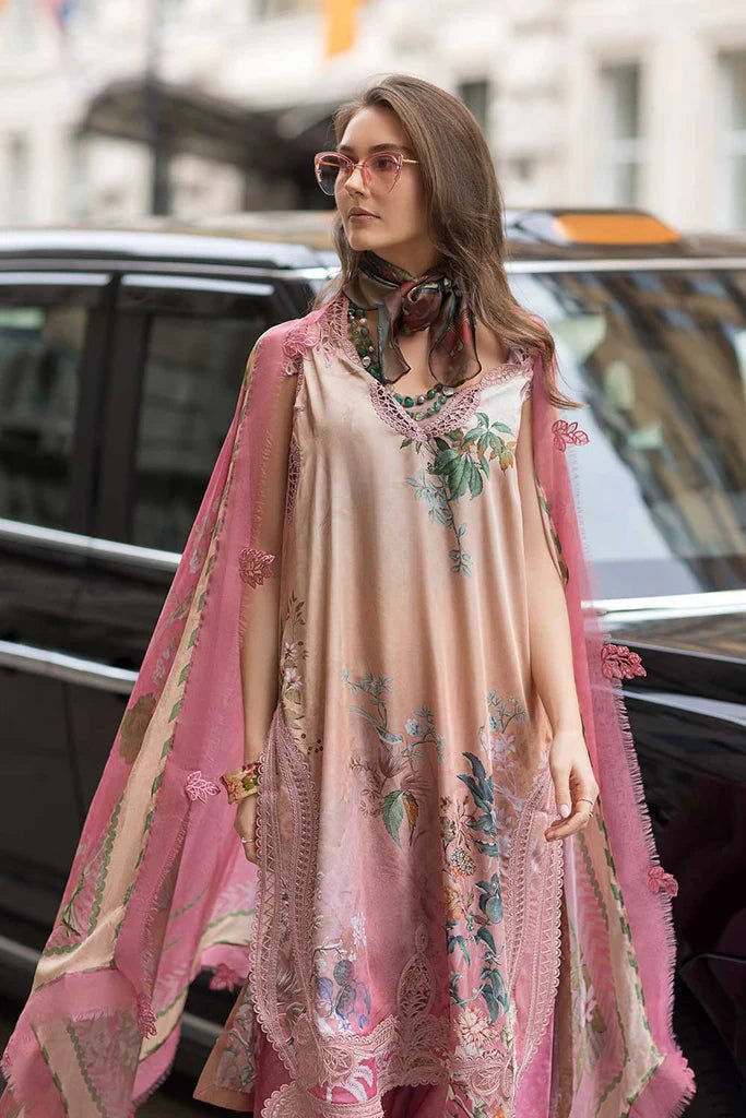 Model wearing Design 07 from Sobia Nazir's Satin '24 collection, showcasing vibrant patterns. Pakistani clothes online in UK.