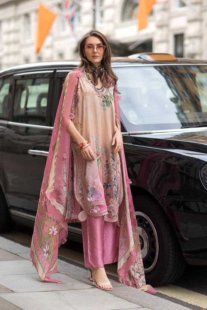 Model wearing Design 07 from Sobia Nazir's Satin '24 collection, showcasing vibrant patterns. Pakistani clothes online in UK.