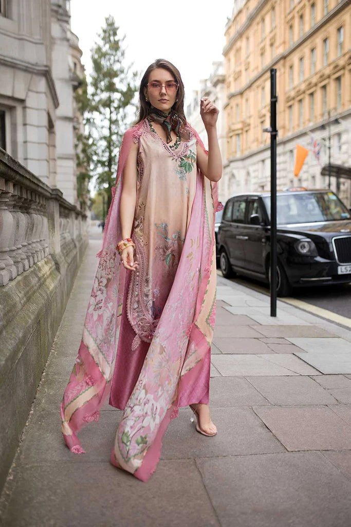 Model wearing Design 07 from Sobia Nazir's Satin '24 collection, showcasing vibrant patterns. Pakistani clothes online in UK.