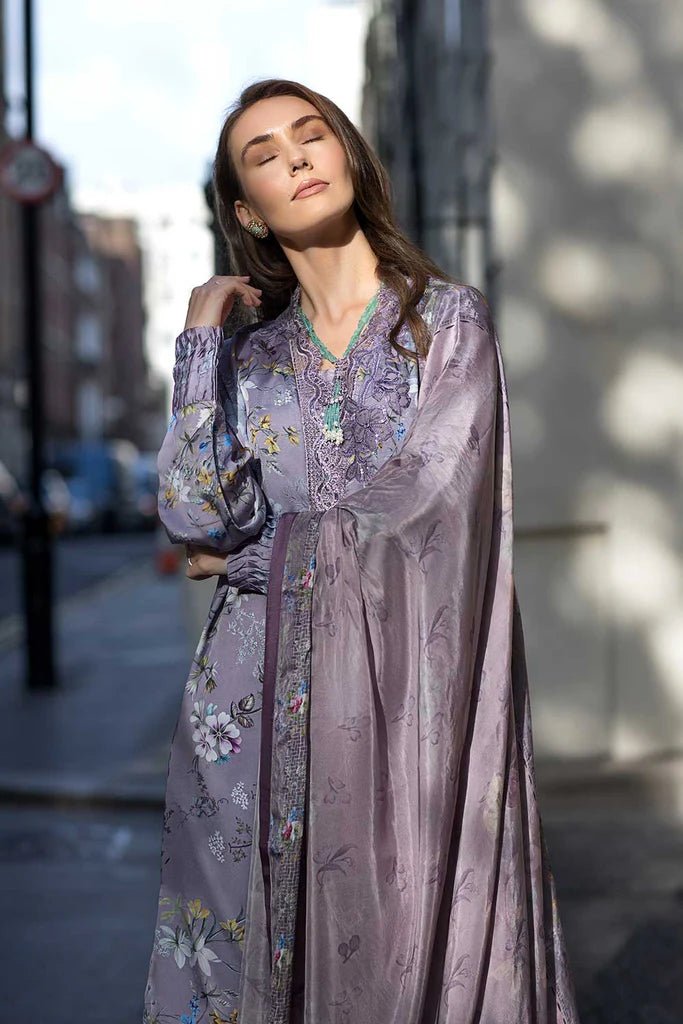 Model wearing Design 08 from Sobia Nazir's Satin '24 collection, featuring intricate patterns. Pakistani clothes online in UK.