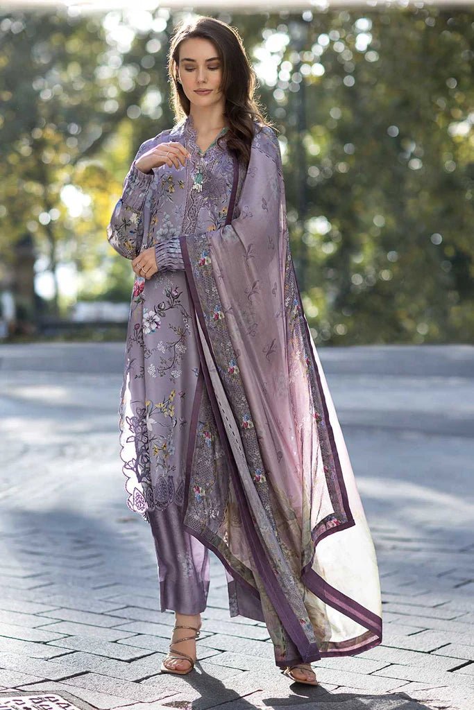 Model wearing Design 08 from Sobia Nazir's Satin '24 collection, featuring intricate patterns. Pakistani clothes online in UK.