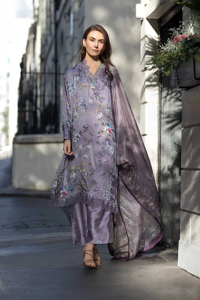 Model wearing Design 08 from Sobia Nazir's Satin '24 collection, featuring intricate patterns. Pakistani clothes online in UK.