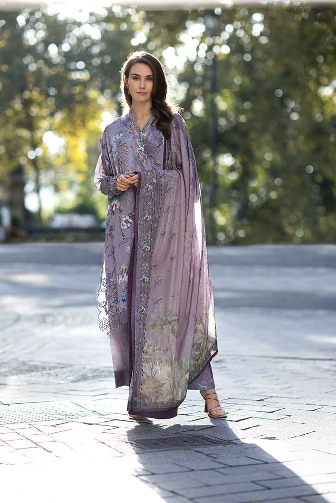 Model wearing Design 08 from Sobia Nazir's Satin '24 collection, featuring intricate patterns. Pakistani clothes online in UK.