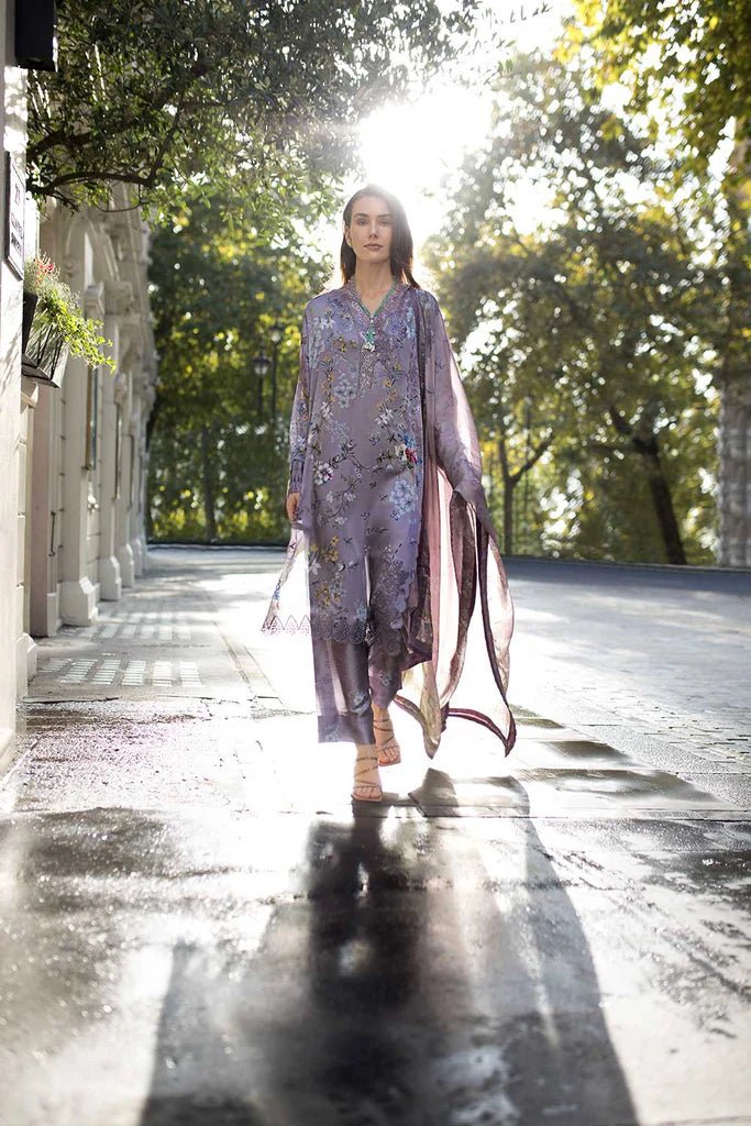 Model wearing Design 08 from Sobia Nazir's Satin '24 collection, featuring intricate patterns. Pakistani clothes online in UK.