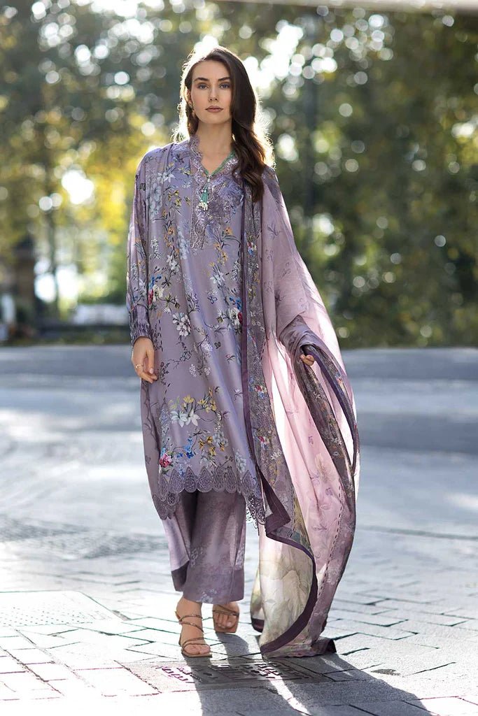 Model wearing Design 08 from Sobia Nazir's Satin '24 collection, featuring intricate patterns. Pakistani clothes online in UK.