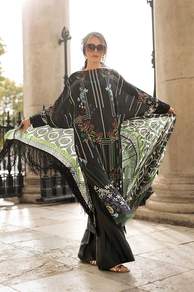 Model wearing Design 09 from Sobia Nazir's Satin '24 collection, featuring elegant patterns. Pakistani clothes online in UK.