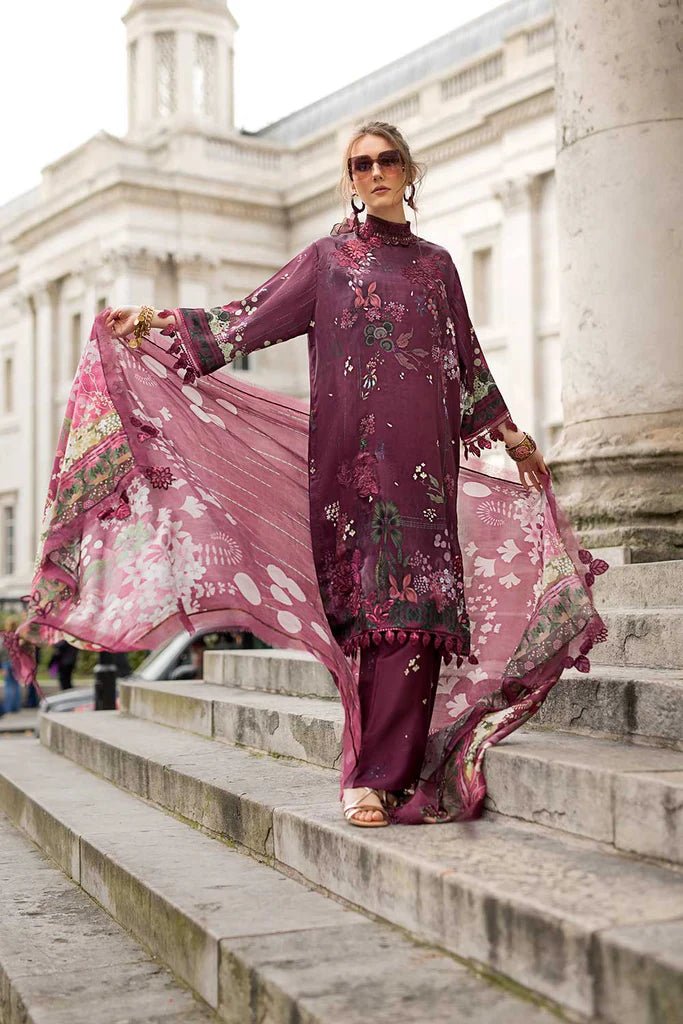 Model wearing Design 10 from Sobia Nazir's Satin '24 collection, featuring intricate details. Pakistani clothes online in UK.