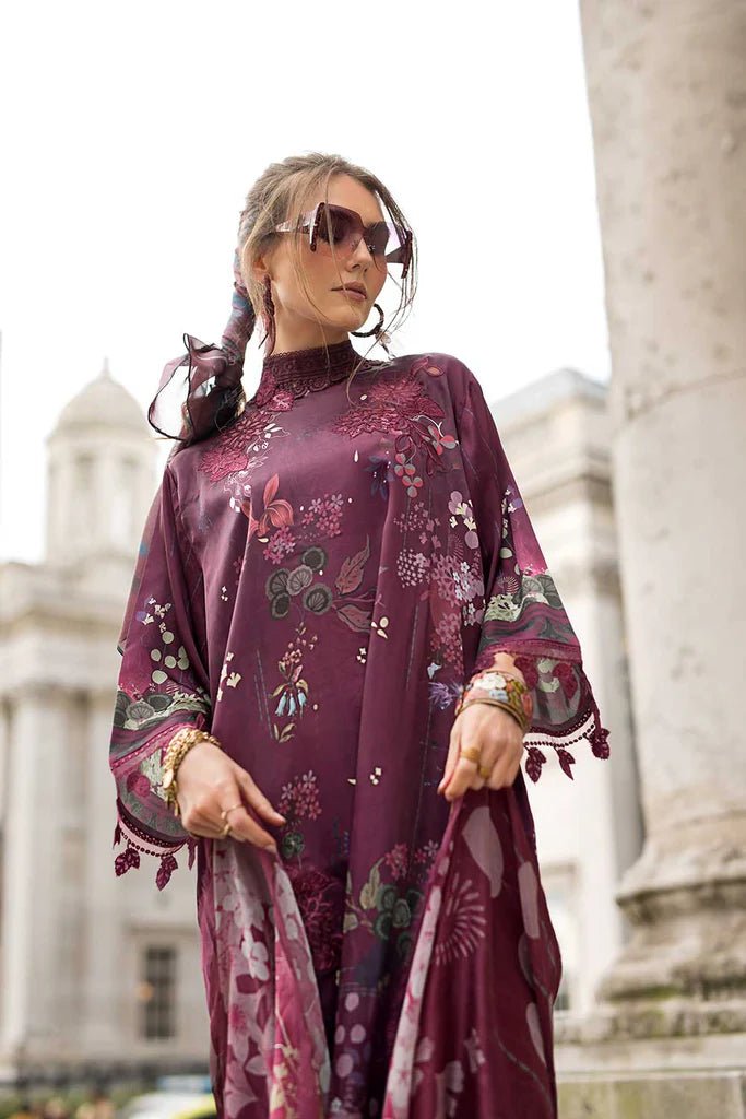 Model wearing Design 10 from Sobia Nazir's Satin '24 collection, featuring intricate details. Pakistani clothes online in UK.