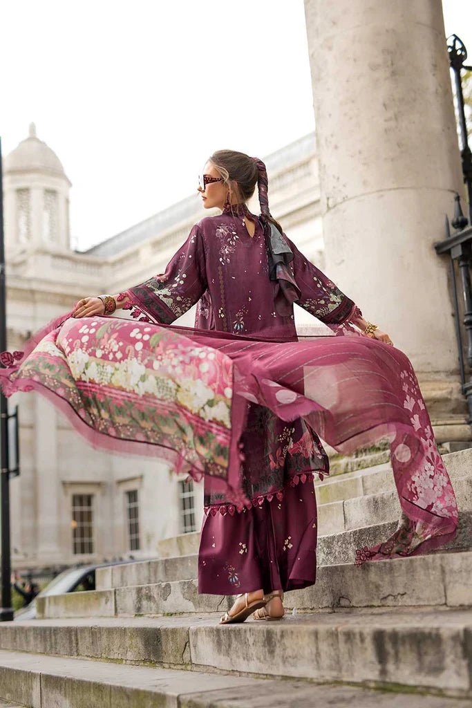 Model wearing Design 10 from Sobia Nazir's Satin '24 collection, featuring intricate details. Pakistani clothes online in UK.