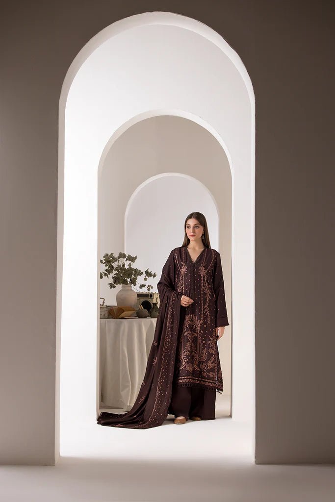 Model wearing Design 2B from Sobia Nazir's Winter Shawl '24 in rich, warm tones. Pakistani clothes online in UK at Signature Labels