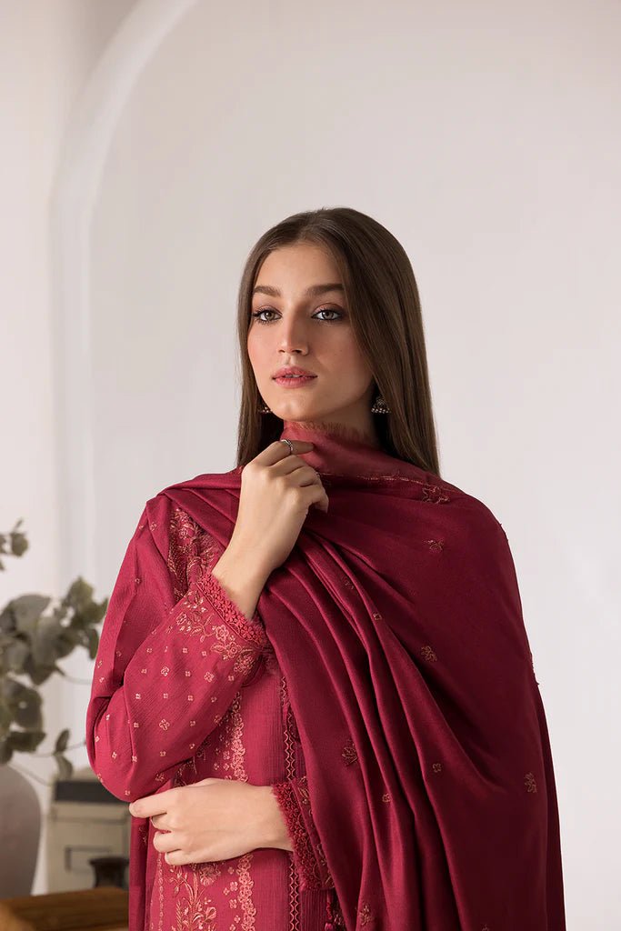 Model wearing Design 6A from Sobia Nazir's Winter Shawl '24 in rich, elegant tones. Pakistani clothes online in UK at Signature Labels