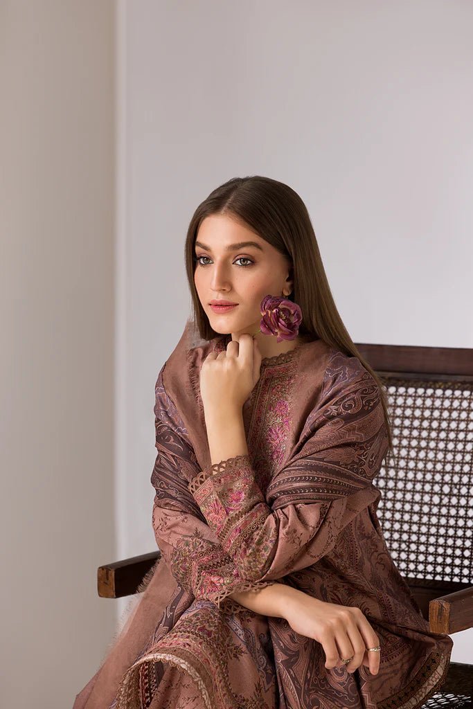 Model wearing Design 7A from Sobia Nazir's Winter Shawl '24 in stunning, bold hues. Pakistani clothes online in UK at Signature Labels