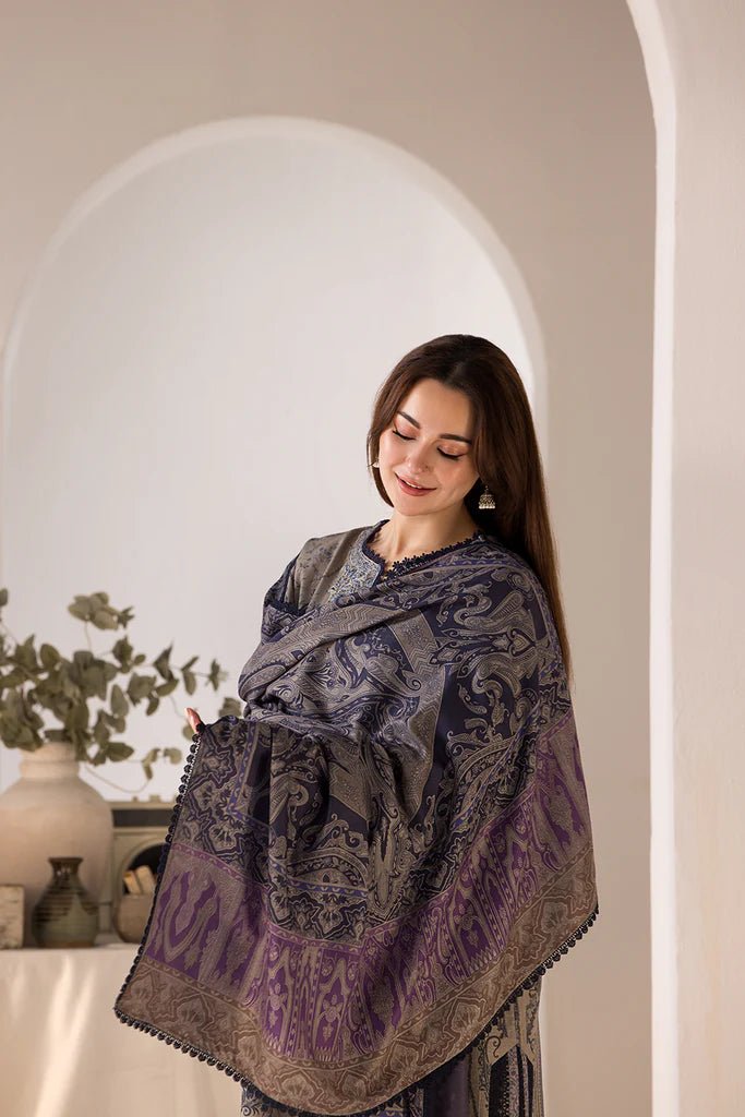 Model wearing Design 7B from Sobia Nazir's Winter Shawl '24 in elegant, vibrant colors. Pakistani clothes online in UK at Signature Labels