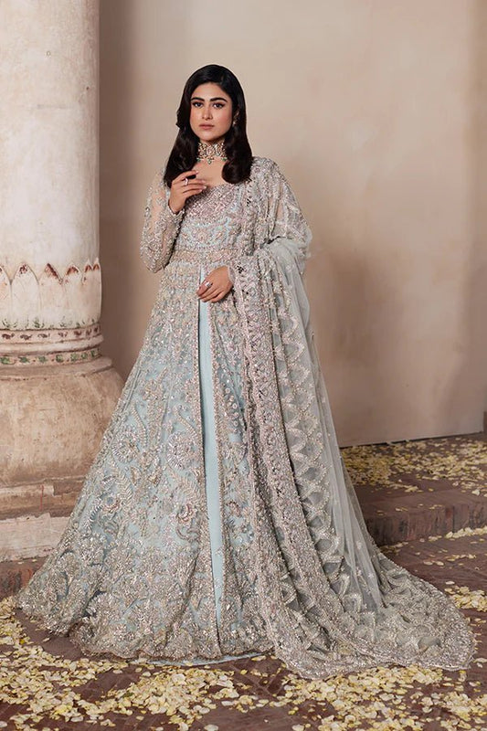 model wearing SORAYA CIEL Pakistani bridal dress in UK, sky blue with silver embroidery