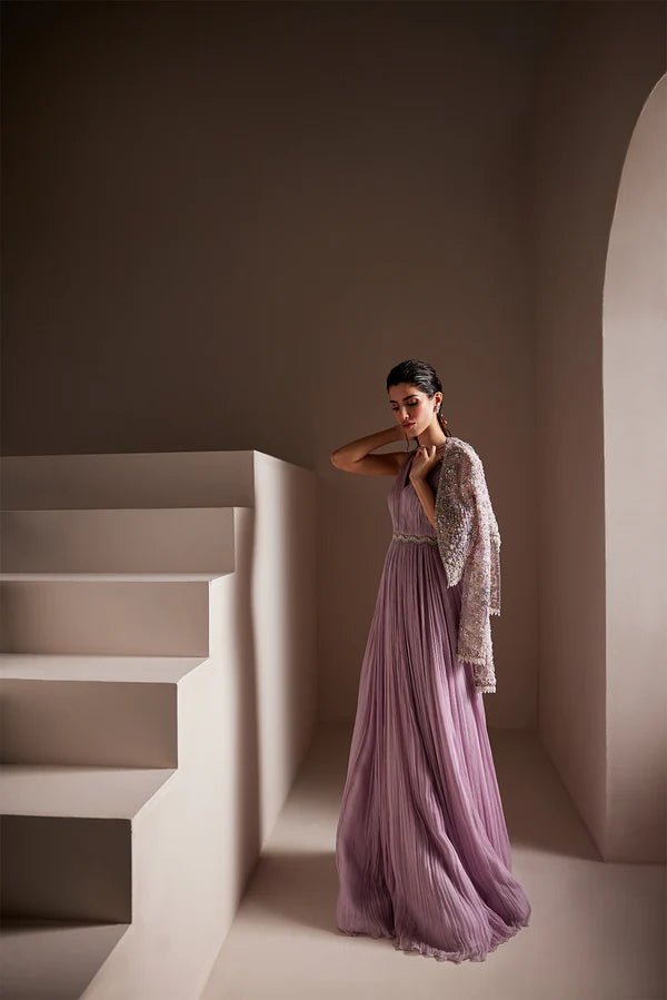 Model wearing Soraya Charisma dress in lilac from the Oriana Luxury Formals collection, perfect for weddings, available for Pakistani clothes online in the UK.