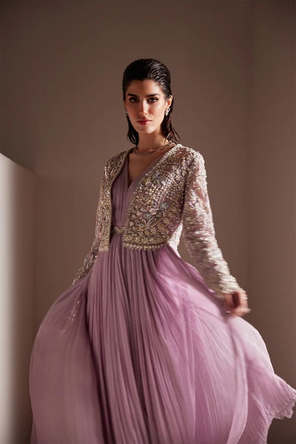 Model wearing Soraya Charisma dress in lilac from the Oriana Luxury Formals collection, perfect for weddings, available for Pakistani clothes online in the UK.