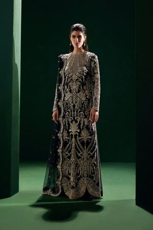 Model wearing Soraya √âclat dress in black from the Oriana Luxury Formals collection, ideal for weddings, available for Pakistani clothes online in the UK.