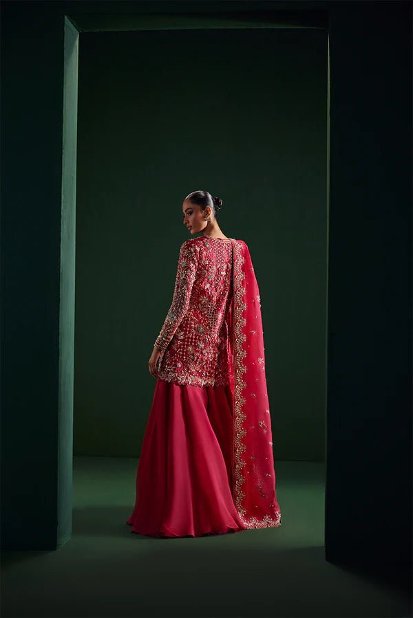 Model wearing Soraya Oriana Luxury Formals Regal dress in red, featuring exquisite embroidery, perfect for Pakistani clothes online in the UK, ideal for weddings.