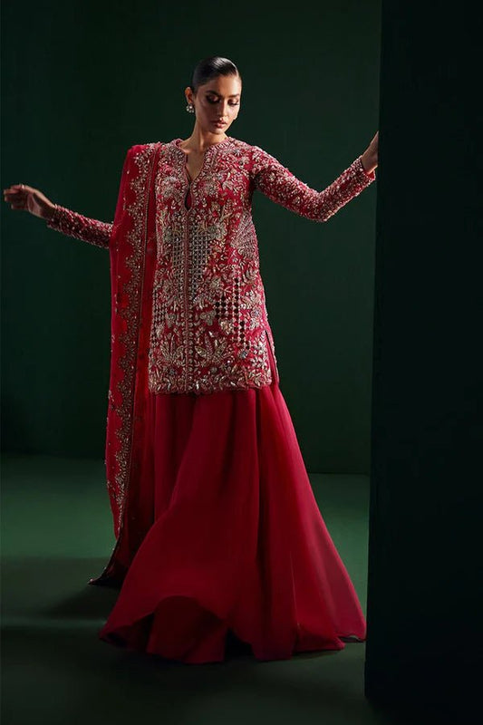 Model wearing Soraya Oriana Luxury Formals Regal dress in red, featuring exquisite embroidery, perfect for Pakistani clothes online in the UK, ideal for weddings.