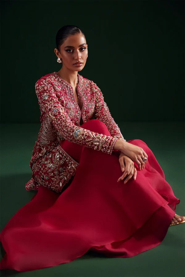 Model wearing Soraya Oriana Luxury Formals Regal dress in red, featuring exquisite embroidery, perfect for Pakistani clothes online in the UK, ideal for weddings.