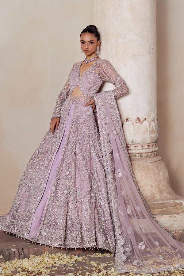 Model wearing Soraya UK's Charmeuse Bridals '24 Aliyah dress, elegant Pakistani wedding clothes available online in UK.