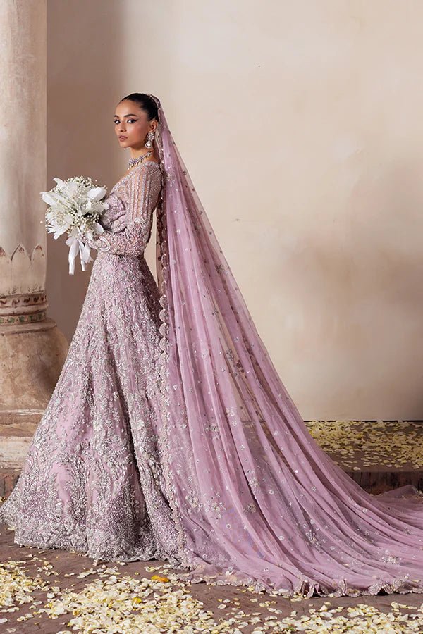 Model wearing Soraya UK's Charmeuse Bridals '24 Aliyah dress, elegant Pakistani wedding clothes available online in UK.