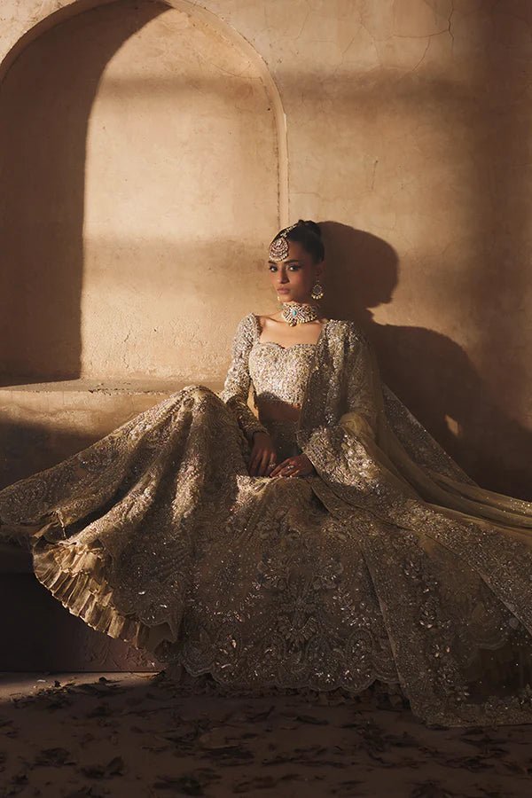 Model wearing Soraya UK's Charmeuse Bridals '24 RAYA dress, elegant Pakistani wedding clothes available online.