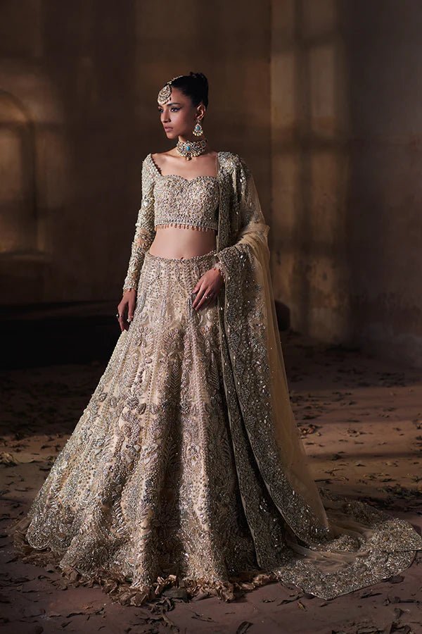 Model wearing Soraya UK's Charmeuse Bridals '24 RAYA dress, elegant Pakistani wedding clothes available online.