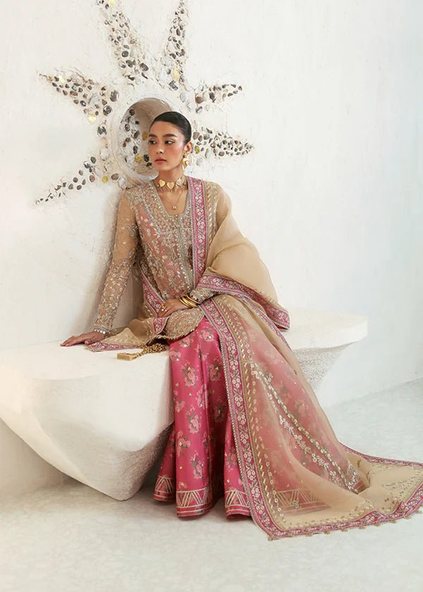 Model wearing pink and gold Hiraeth dress from Suffuse Freeshia RTW 2024 collection. Find Pakistani wedding clothes online in the UK