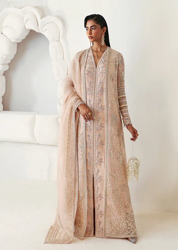 Model wearing a pale pink Janan dress from Suffuse, featuring intricate silver embroidery and matching dupatta. Perfect for Pakistani wedding clothes.