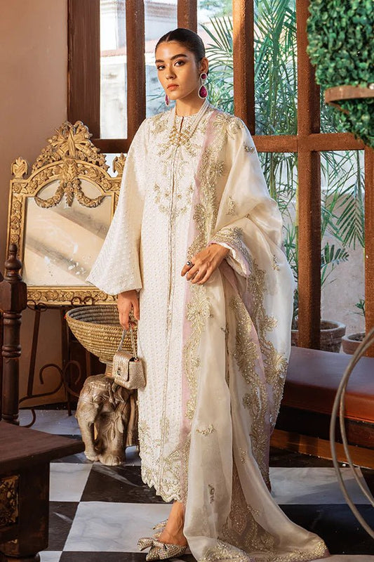 Model in Suffuse UK Dainty Ivory luxury pret, elegant Pakistani clothes UK.