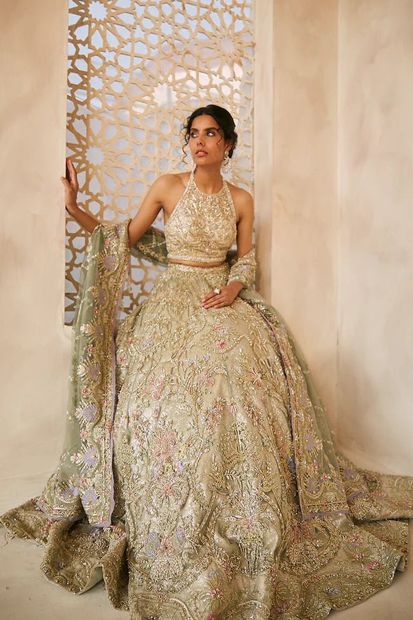 Model wearing Suffuse Nile Mist dress, a captivating choice for Pakistani wedding clothes online in UK from AAB - E - ZAR 20 collection.