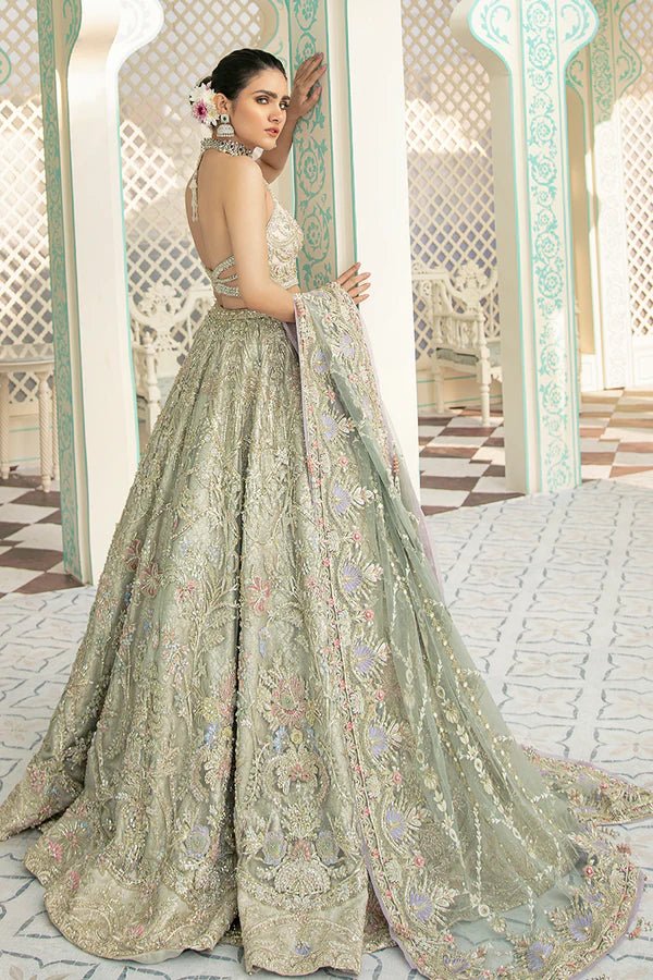 Model wearing Suffuse Nile Mist dress, a captivating choice for Pakistani wedding clothes online in UK from AAB - E - ZAR 20 collection.