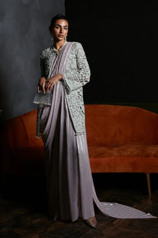 Model wearing Suffuse CAMILLA dress, a stunning addition to Luxury Pret '24. Pakistani fashion online UK.