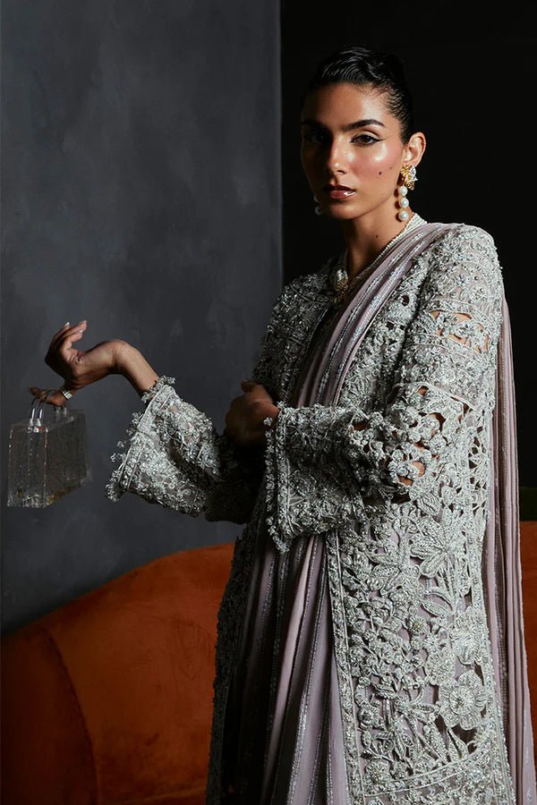 Model wearing Suffuse CAMILLA dress, a stunning addition to Luxury Pret '24. Pakistani fashion online UK.