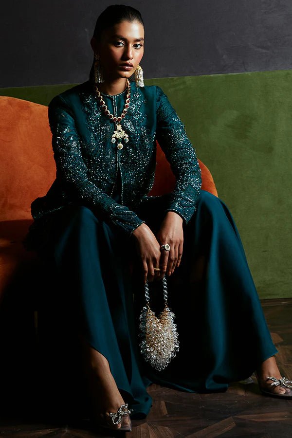 Model wearing Suffuse's JASMINE dress, a luxurious addition to Luxury Pret '24. Pakistani clothes online in UK.