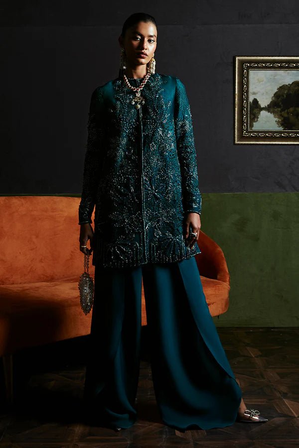 Model wearing Suffuse's JASMINE dress, a luxurious addition to Luxury Pret '24. Pakistani clothes online in UK.