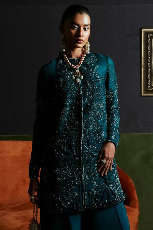 Model wearing Suffuse's JASMINE dress, a luxurious addition to Luxury Pret '24. Pakistani clothes online in UK.