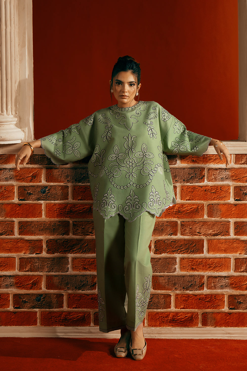 Model wearing apple green embroidered outfit from Saira Rizwan Joolie | JOOLIE GREEN - JBP25-10, Pakistani luxury pret online in UK.