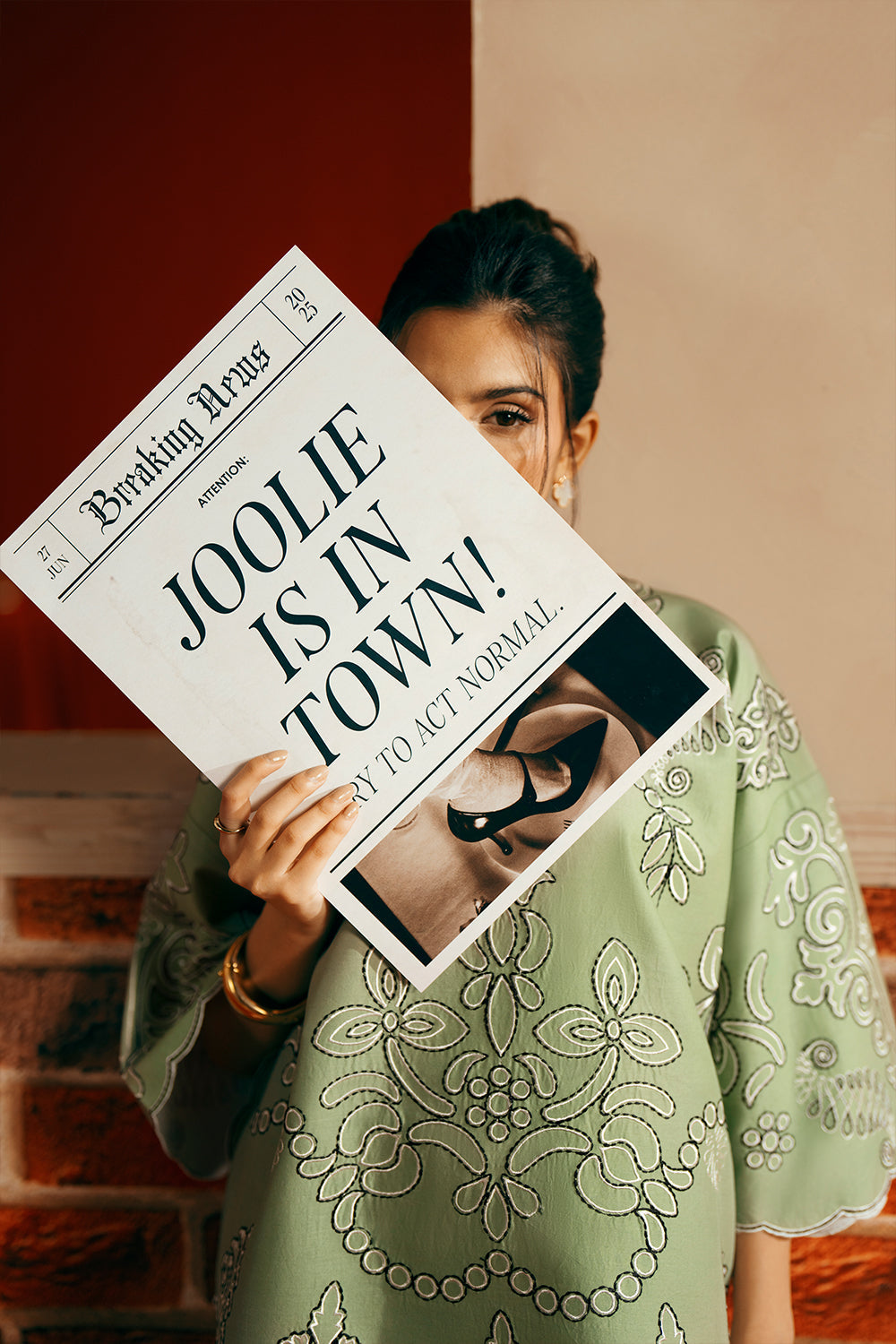 Model wearing apple green embroidered outfit from Saira Rizwan Joolie | JOOLIE GREEN - JBP25-10, Pakistani luxury pret online in UK.