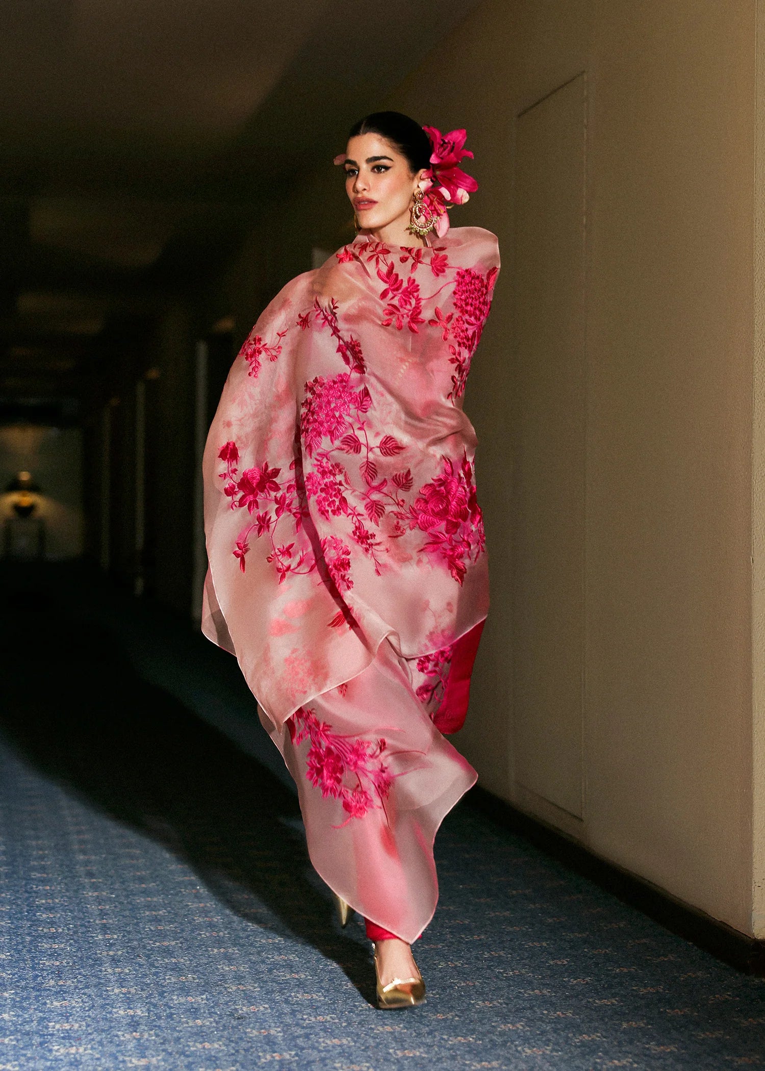 Model wearing deep pink Fusche dress by Hussain Rehar, Pakistani luxury pret available online in UK for festive occasions